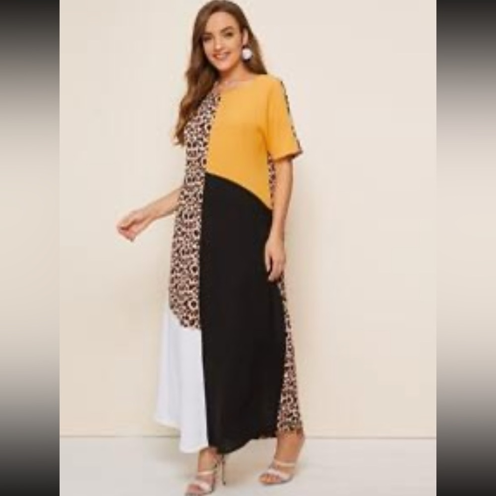 SHEIN Leopard color-block panel maxi dress, size Large